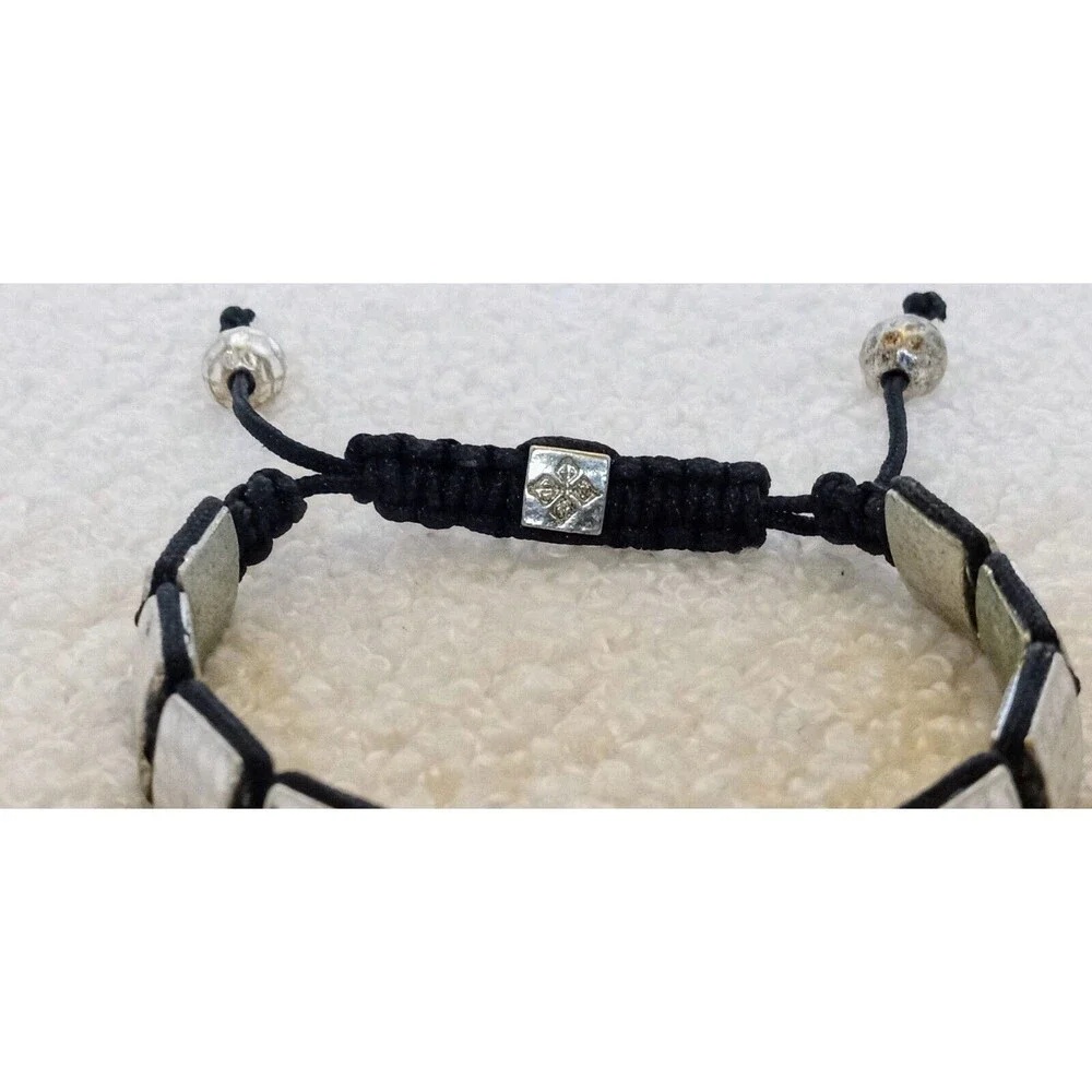 Men's Flat Hammered Silvertone Bead Corded Bracelet 6-10 in Adj